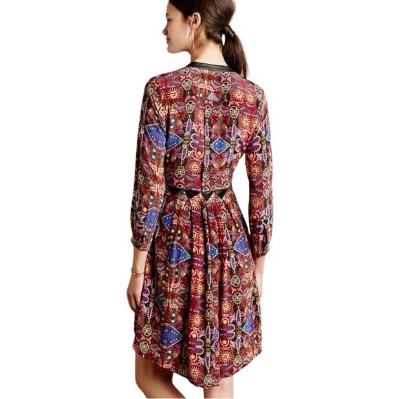 Anthropologie Carolina K Womens Silk Crepe Leather Tribal Averil Mini Dress Sz L - Picture 2 of 14